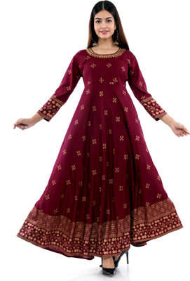 DOM Women Printed Anarkali Kurta(Maroon)