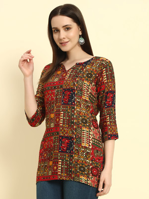 HYTEN Women Printed Straight Kurta(Maroon)