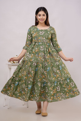 Cotnon Women Printed Anarkali Kurta(Green)