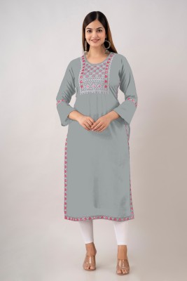 HouseOfCommon Women Embroidered Straight Kurta(Grey)