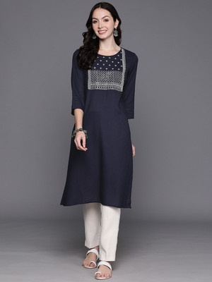 Indo Era Women Embroidered Straight Kurta(Blue)