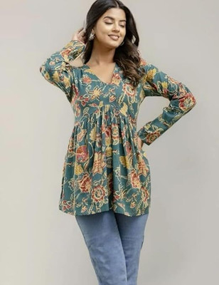 Shabyaa Women Floral Print Straight Kurta(Green)