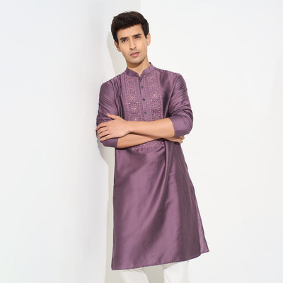 Indus Route by Pantaloons Men Embroidered Straight Kurta(Purple)