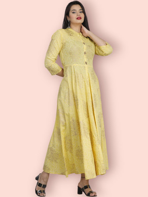 flexflow Women Printed Straight Kurta(Yellow)