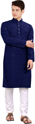 ZEDIN Men Embroidered Straight Kurta(Dark Blue)