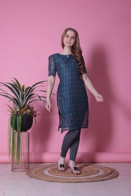 RENSILAFAB Women Printed A-line Kurta(Blue)