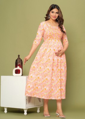 Gora Laxmi Women Floral Print Anarkali Kurta(Beige)