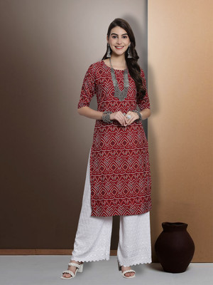 EthnicBasket Women Printed Straight Kurta(Red)