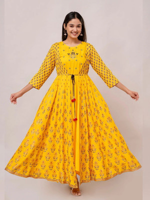 jaipurite Women Block Print Anarkali Kurta(Yellow)