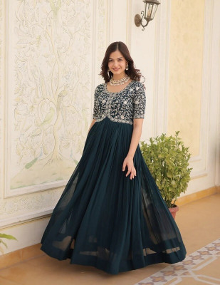 Lazzly Women Embroidered Gown Kurta(Light Blue)
