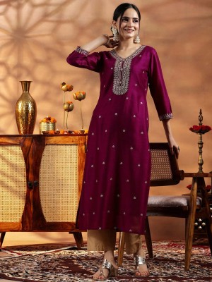 Envi Women Embroidered A-line Kurta(Purple)