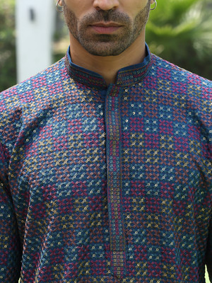 kraft india Men Embroidered Straight Kurta(Blue)