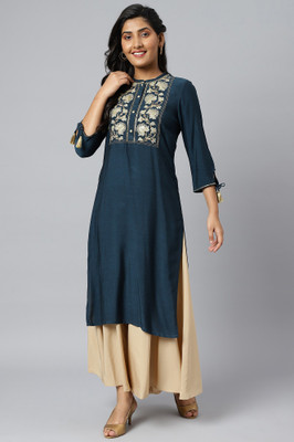 Aurelia Women Embroidered Straight Kurta(Blue)