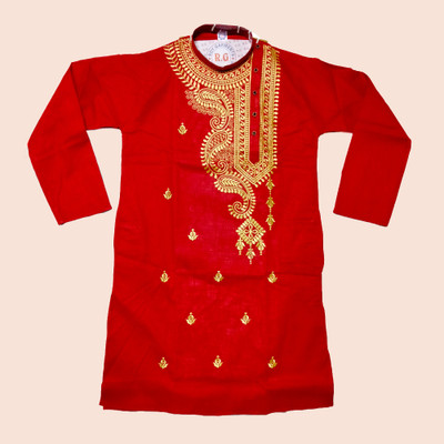 PRASUNS Men Embroidered Straight Kurta(Red, Gold)