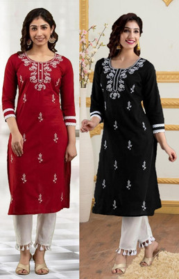 SISTO Women Chikan Embroidery Straight Kurta(Multicolor)