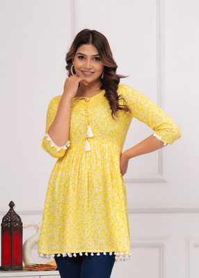 METAFAB Women Printed Flared Kurta(Yellow)