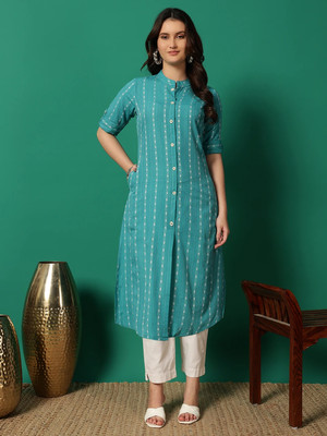 WRADAH Women Striped Straight Kurta(Green)