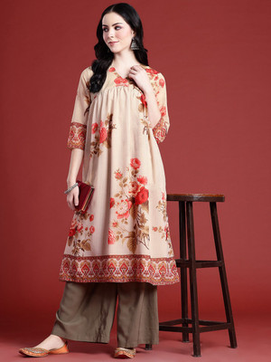 ANOUK Women Floral Print A-line Kurta(Beige)