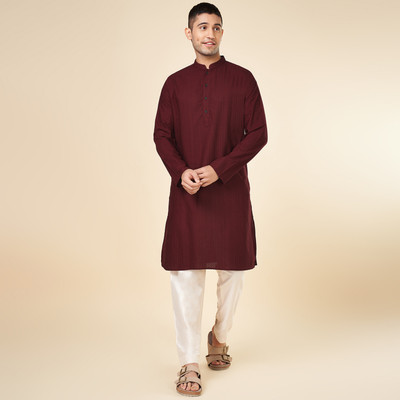 Indus Route by Pantaloons Men Self Design A-line Kurta(Red)