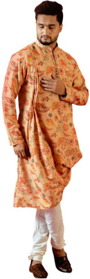 Fabriq Men Printed Asymmetric Kurta(Yellow)