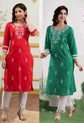 vikshi Women Chikan Embroidery A-line Kurta(Multicolor)