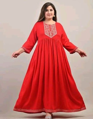 ECOHAD Women Embroidered Anarkali Kurta(Red)