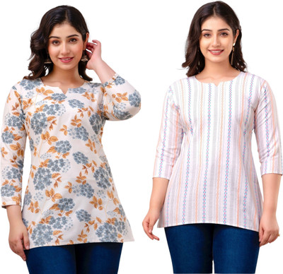 VROEGER Women Floral Print, Striped Straight Kurta(Grey, White)