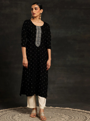LIBAS Women Woven Design Straight Kurta(Black)