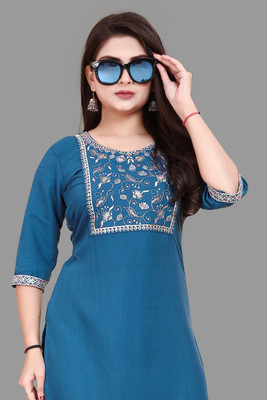AKK Enterprise Women Embroidered A-line Kurta(Blue)