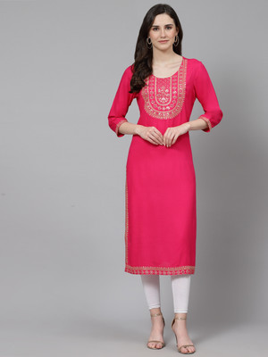 his&her Women Embroidered Straight Kurta(Pink)