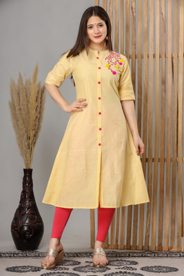 HEARTLOOM Women Embroidered A-line Kurta(Yellow)