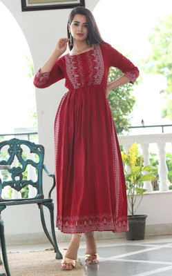 SUBH LAXMI Women Printed Flared Kurta(Red)