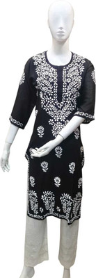 Awadh chikankari art Women Chikan Embroidery A-line Kurta(Black, White)
