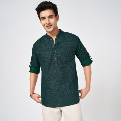 Indus Route by Pantaloons Men Self Design Ethnic Dress Kurta(Green)