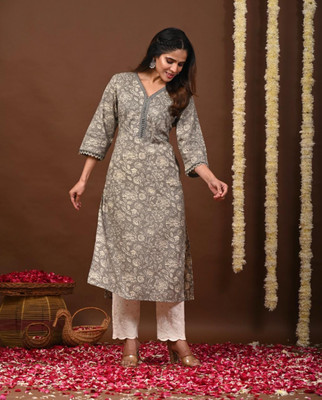 RL Fashion Women Floral Print A-line Kurta(Grey)