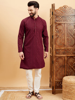 HERE&NOW Men Embroidered Straight Kurta(Maroon)