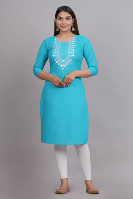 Radiksa Women Embroidered Straight Kurta(Light Blue)