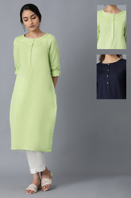 W Women Solid Straight Kurta(Dark Blue, Green)