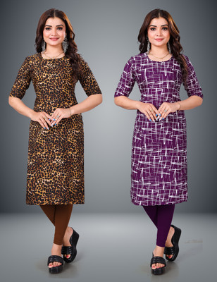 MOBHISA Women Printed Straight Kurta(Purple)