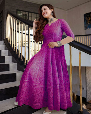 ZAZADIYA IMPEX Women Chikan Embroidery Anarkali Kurta(Purple)