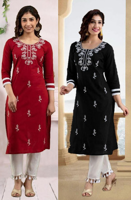 vikshi Women Embroidered Straight Kurta(Multicolor)
