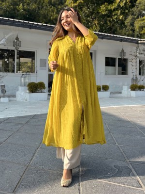 Janasya Women Woven Design Frontslit Kurta(Yellow)