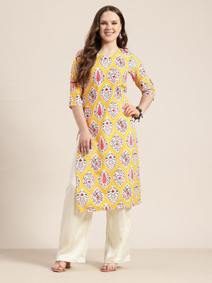HERE&NOW Women Floral Print A-line Kurta(Yellow)