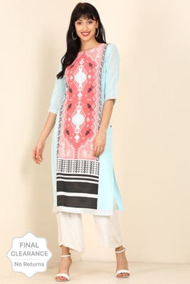 W Women Printed Straight Kurta(Light Blue, Pink)