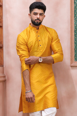 Koshin Men Block Print Straight Kurta(Yellow)
