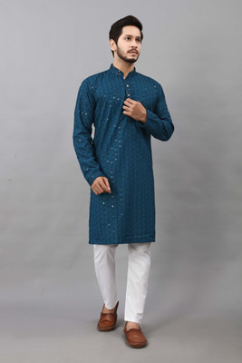 ALMORA Men Embroidered A-line Kurta(Light Blue)