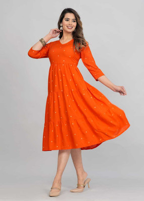 Klothing Women Fit and Flare Orange Midi/Calf Length Dress
