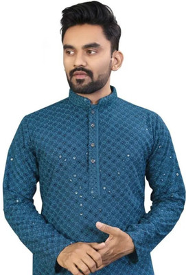 CRYSTALSTYLE Men Embroidered, Embellished Straight Kurta(Blue)