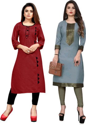 AAIKHODAL Women Applique Straight Kurta(Maroon, Grey)