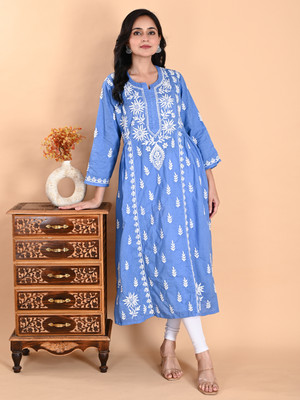 Nazaira Women Embroidered, Chikan Embroidery A-line Kurta(Blue)